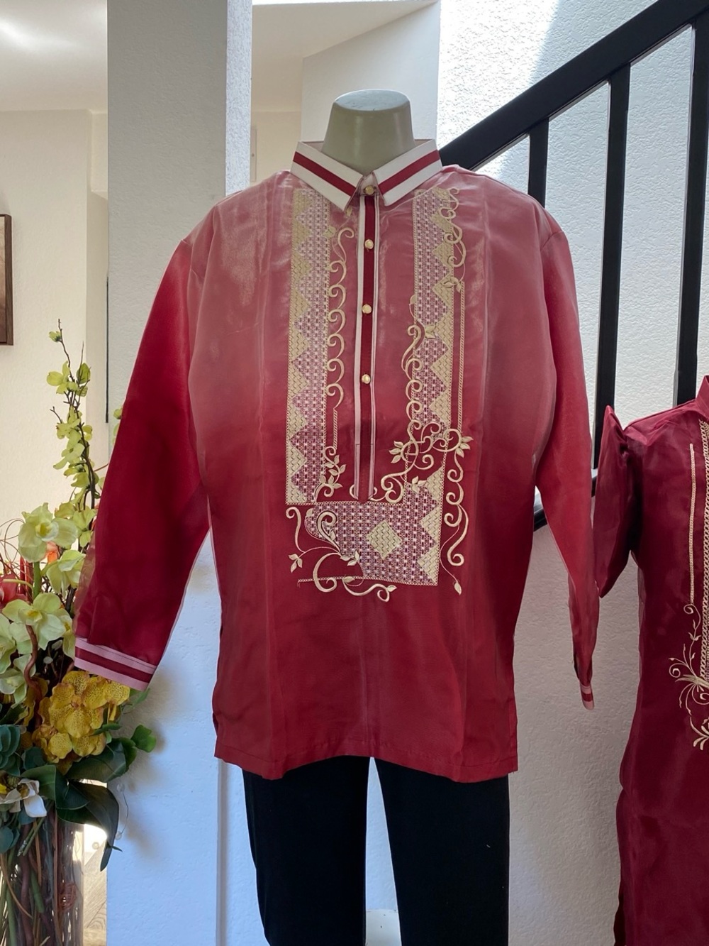 Men's Maroon Embroidered Traditional Barong Tagalog